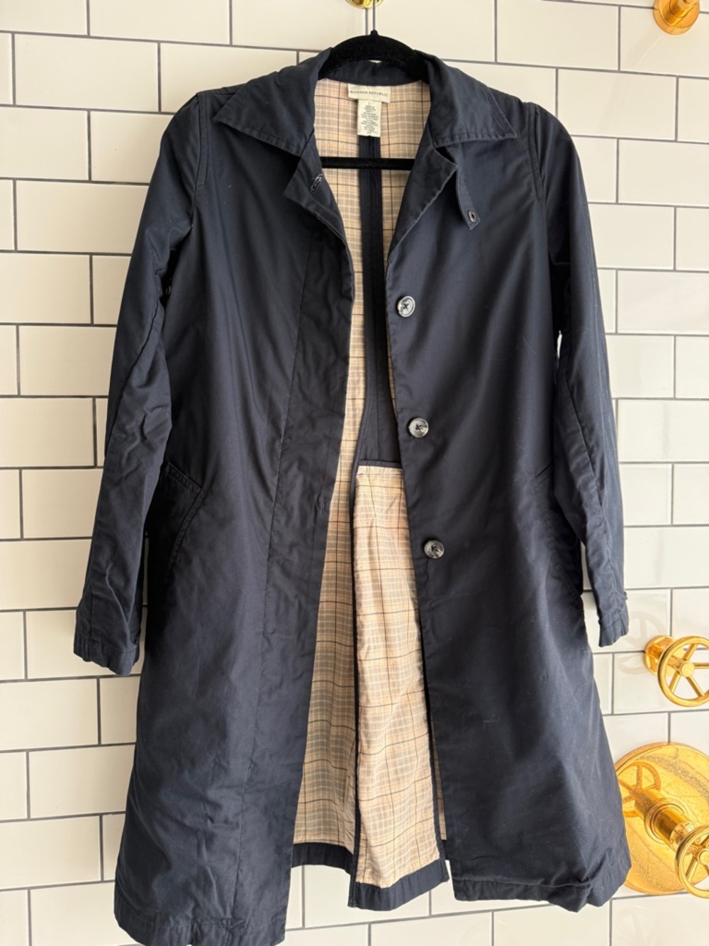 Banana Republic Navy Trench Coat with Plaid Lining